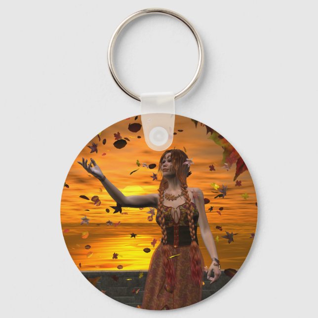 Elf in Falling Leaves Against an Autumn Sunset Key Ring (Front)