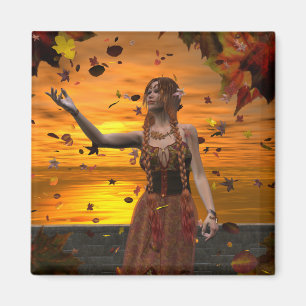 Elf in Falling Leaves Against an Autumn Sunset Magnet