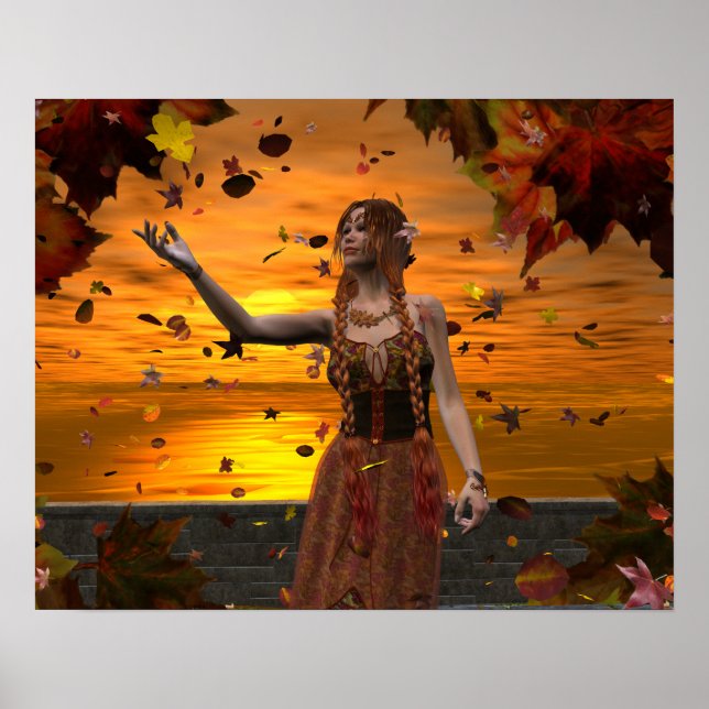 Elf in Falling Leaves Against an Autumn Sunset Poster (Front)