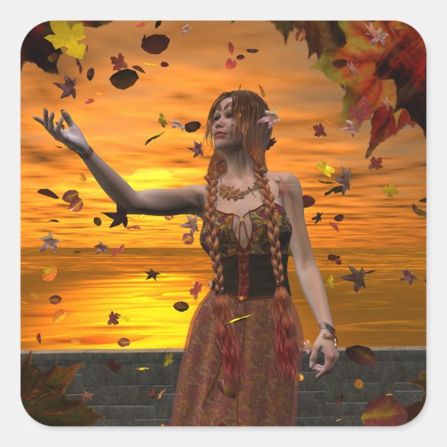 Elf in Falling Leaves Against an Autumn Sunset Square Sticker (Front)