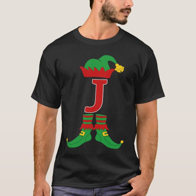 Elf Initial J Matching Family Group Christmas Holi T-Shirt (Front)