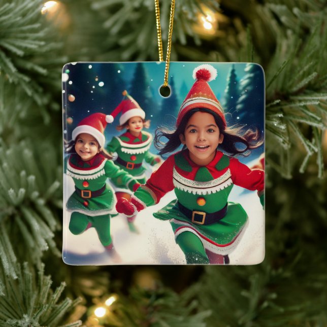Elf Kids Running in the Snow Custom Ceramic Ornament (Tree)