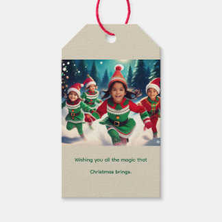 Elf Kids Running in the Snow Custom Text Gift Tags