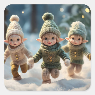Elf Kids Running in the Snow Square Sticker