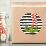 Elf Legs on Black and White Stripes Classic Round Sticker<br><div class="desc">Elf legs in striped tights and green boots on black and white stripes and gold dots includes your personal greeting on these Christmas round stickers. MATCHING items in our store.</div>
