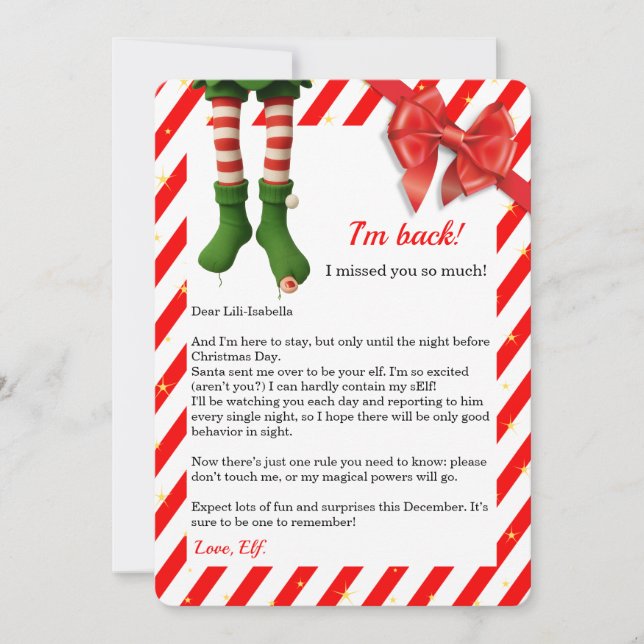 Elf Letter “I’m Back” | Funny North Pole Arrival  Holiday Card (Front)