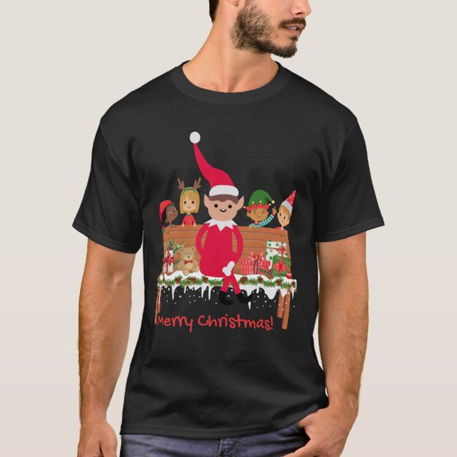 Elf On A Christmas Bench With Children and Gifts  T-Shirt (Front)