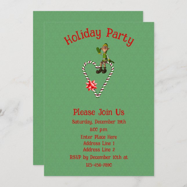 Elf On Candy Cane Heart Christmas Holiday  Invitation (Front/Back)