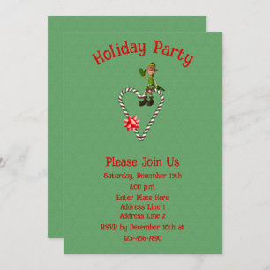 Elf On Candy Cane Heart Christmas Holiday  Invitation