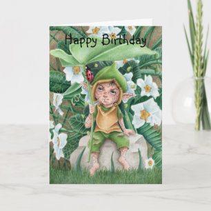 Elf Pixie And Ladybird Watercolour Birthday Card