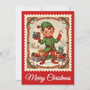 Elf Retro Postage Stamp Christmas Card
