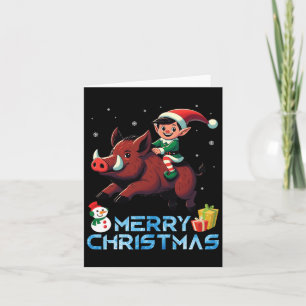 Elf Riding Boar Snowman Present Merry Christmas Da Card