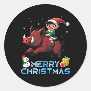 Elf Riding Boar Snowman Present Merry Christmas Da Classic Round Sticker
