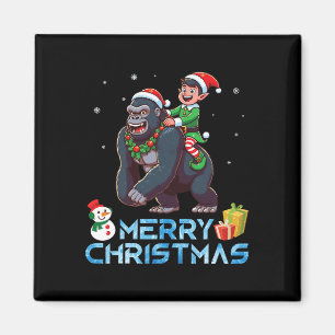 Elf Riding Gorilla Snowman Present Merry Christmas Magnet