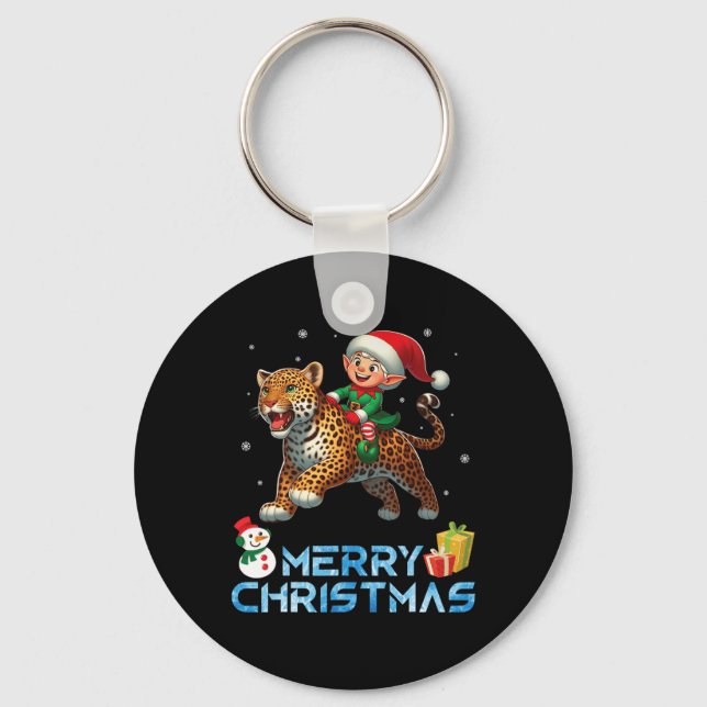 Elf Riding Leopard Snowman Present Merry Christmas Key Ring (Front)