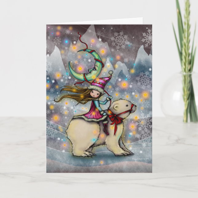 Elf Riding Polar Bear Christmas Holiday Art Card (Front)