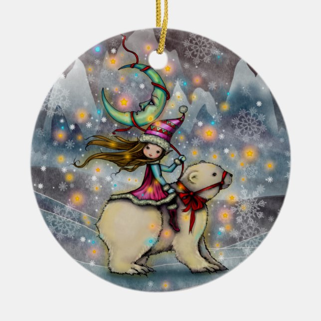 Elf Riding Polar Bear Christmas Holiday Art Ceramic Ornament (Front)
