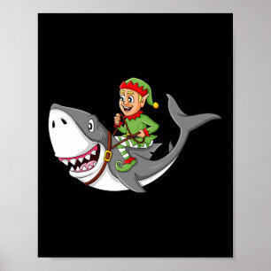 Elf Riding Shark Christmas Boys Girls Kids Xmas  Poster