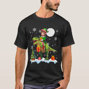Elf Riding T-rex Christmas Tree Colorful Lights Lo T-Shirt