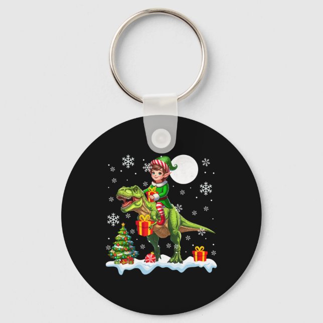 Elf Riding T-rex Christmas Tree Colourful Lights L Key Ring (Front)
