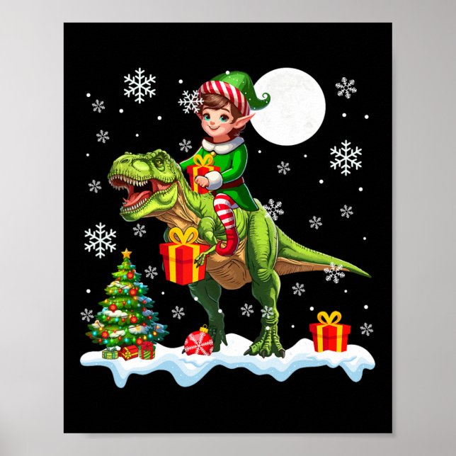 Elf Riding T-rex Christmas Tree Colourful Lights L Poster (Front)