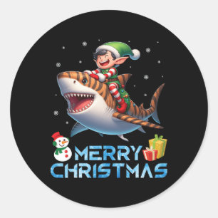 Elf Riding Tiger Shark Snowman Present Merry Chris Classic Round Sticker