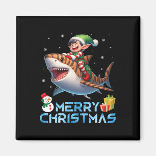 Elf Riding Tiger Shark Snowman Present Merry Chris Magnet