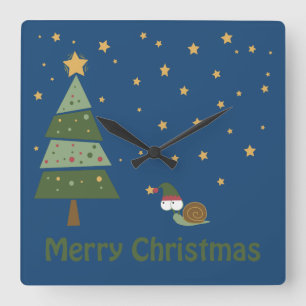 Elf Snail Christmas Scene Square Wall Clock