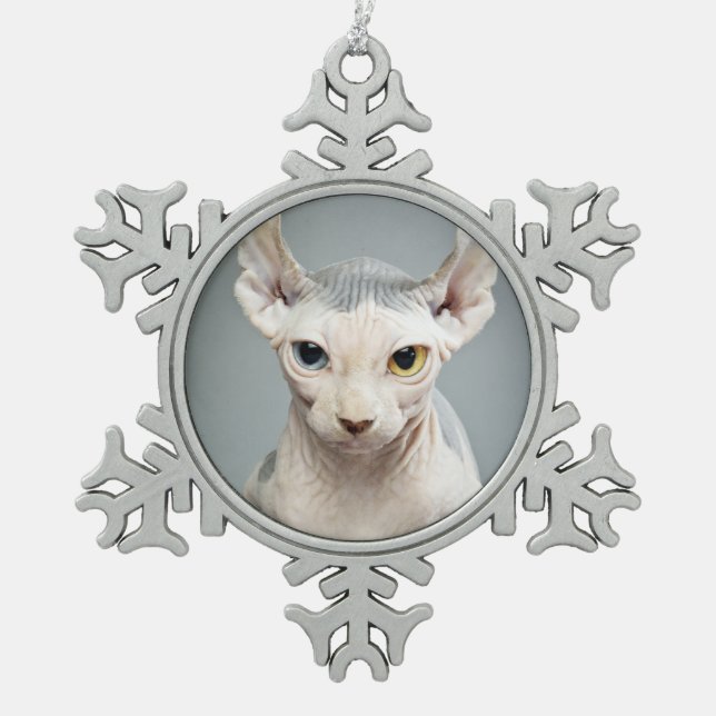 Elf Sphinx Cat Photograph Snowflake Pewter Christmas Ornament (Front)