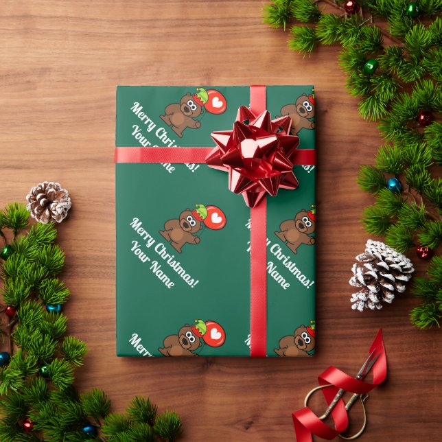 Elf teddy bear with heart balloon Christmas Wrapping Paper (Holiday Gift)