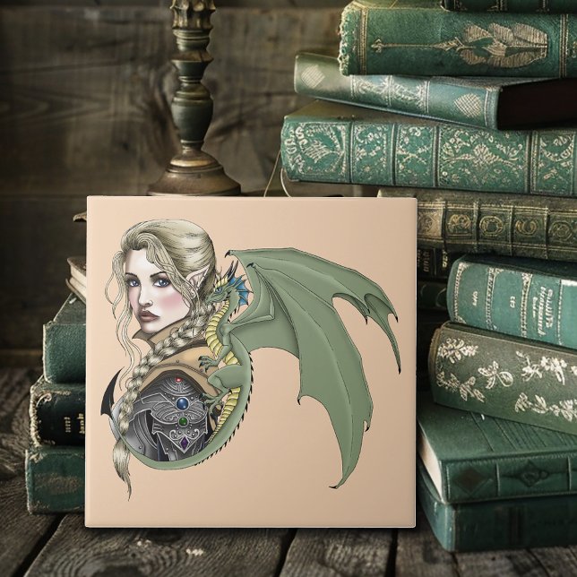 Elf Warrior Dragon Fantasy Magical Mediaeval Peach Ceramic Tile (Creator Uploaded)