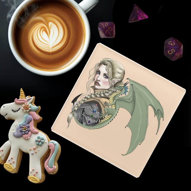 Elf Warrior Dragon Fantasy Magical Mediaeval Peach Glass Coaster (Creator Uploaded)