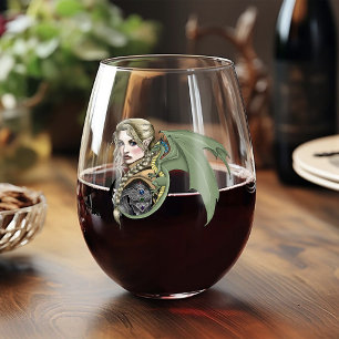 Elf Warrior Dragon Fantasy Magical Mediaeval Peach Stemless Wine Glass