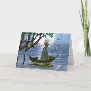 Elf & White Cat riding on a Leaf Fantasy Card