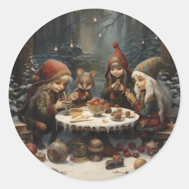 Elf Winter Tea Party in the Woods Christmas Elves Classic Round Sticker (Front)