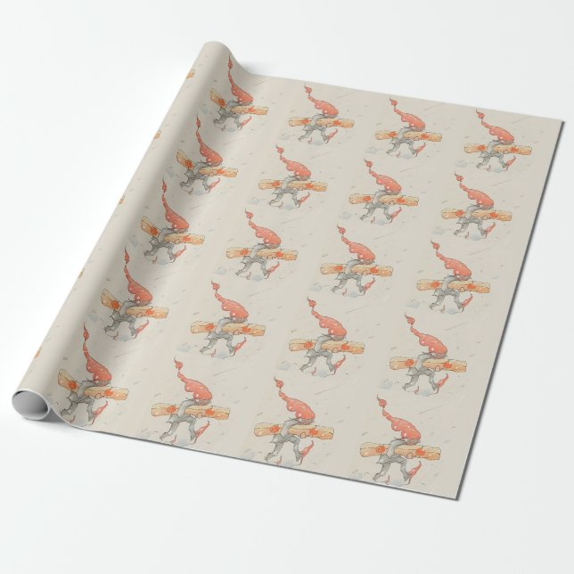 Elf with Christmas present, old illustration Wrapping Paper (Unrolled)