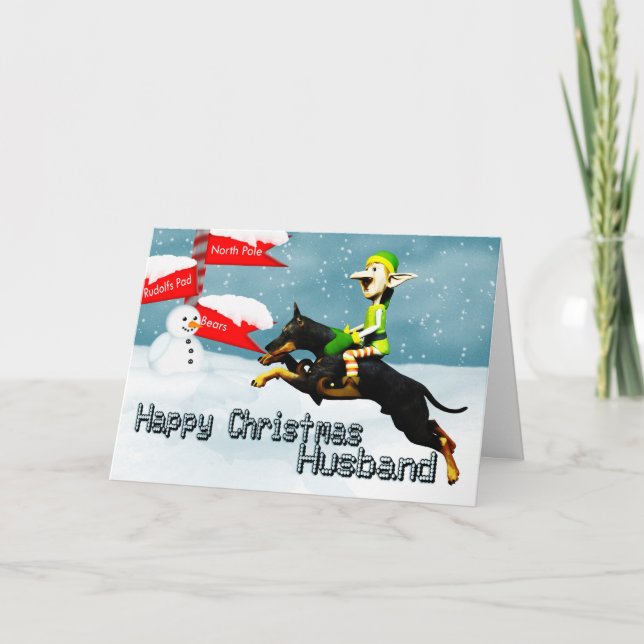 Elf with doberman in the snow christmas husband holiday card (Front)