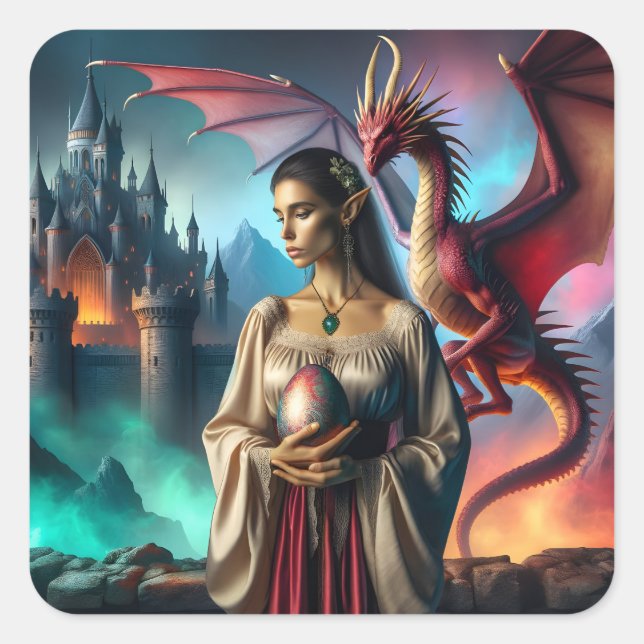 Elf with dragon egg square sticker (Front)