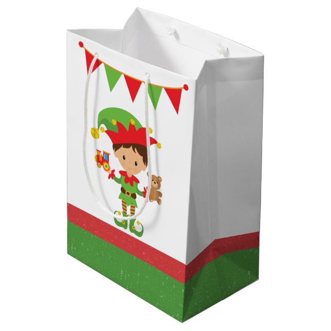 Elf With Gifts and White Background  Wrapping Pape Medium Gift Bag (Back Angled)