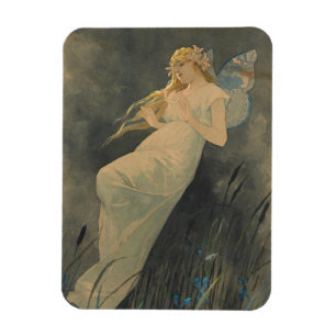 Elf with Iris Flowers by Alphonse Mucha Magnet