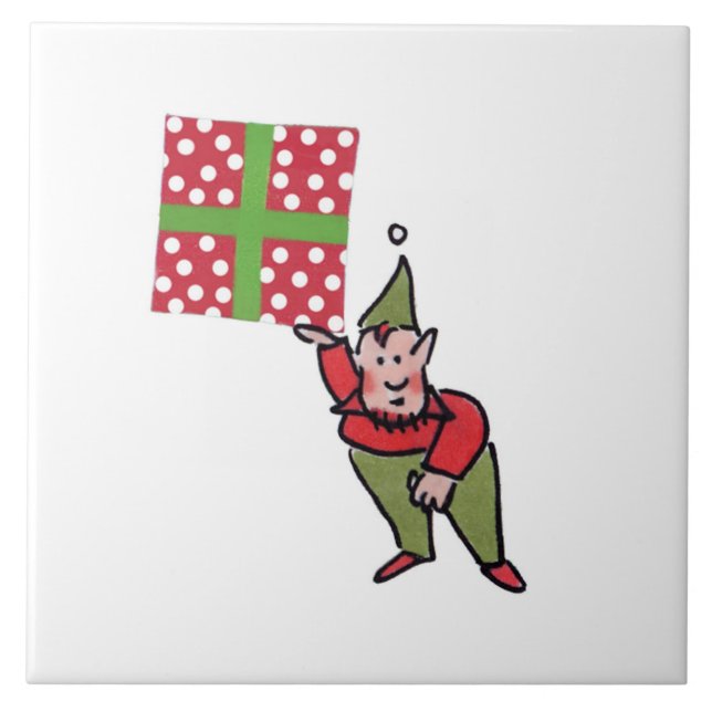 Elf With Polk Dot Gift white large ceramic tile (Front)