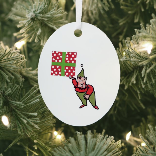 Elf With Polka Dot Gift oval metal ornament (Insitu)