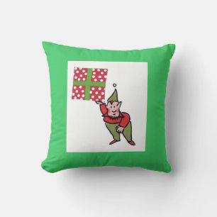 Elf With Polka Dot Gift square green throw pillow