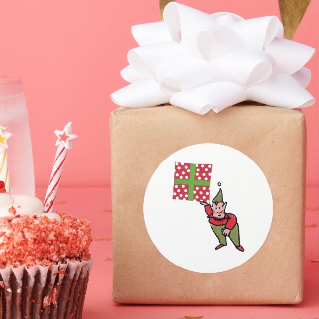 Elf with Polka Dot Gift white round large stickers (Party)