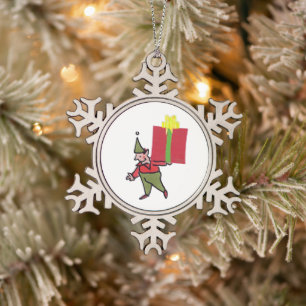 Elf With Red Box pewter snowflake ornament