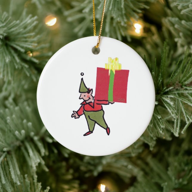Elf With Red Box round ceramic ornament (Tree)