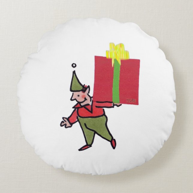 Elf With Red Box round green poly pillow (Front)
