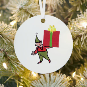 Elf With Red Box round metal ornament