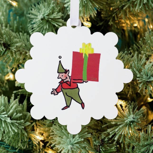 Elf With Red Box snowflake paper ornament (Insitu (Tree))