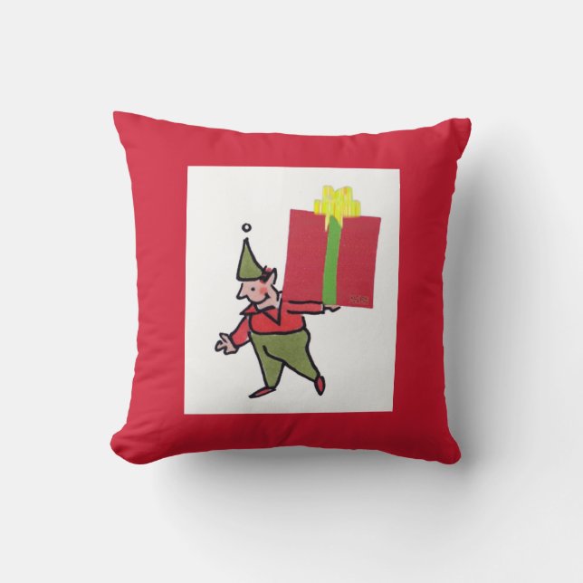 Elf With Red Box square red throw pillow (Front)